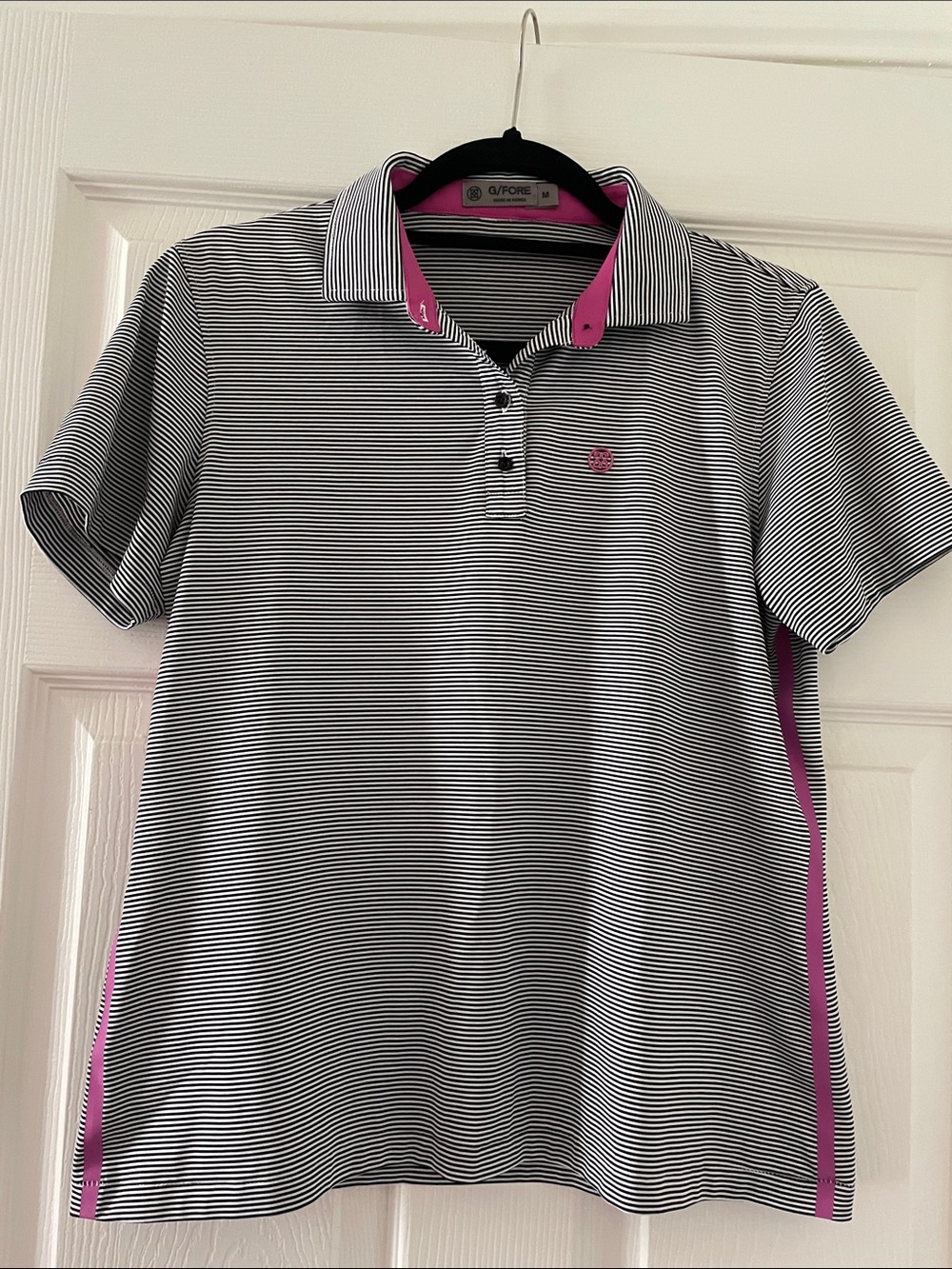 G/FORE Black & White Microstripe Polo with Pink Trim